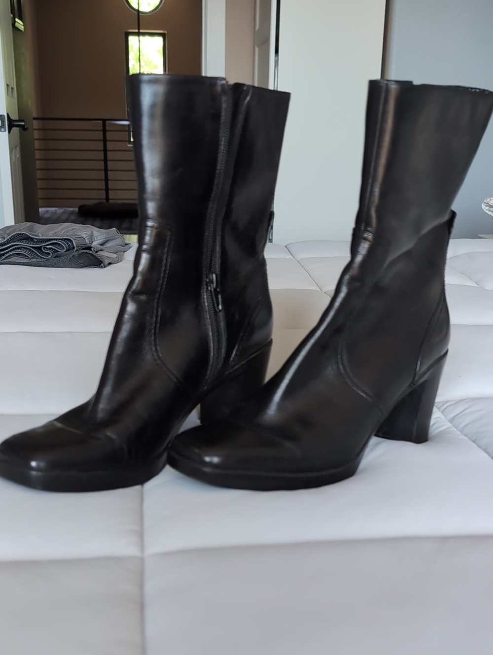 Nine West Women's Black Mid-Calf Leather Block Heel Boots